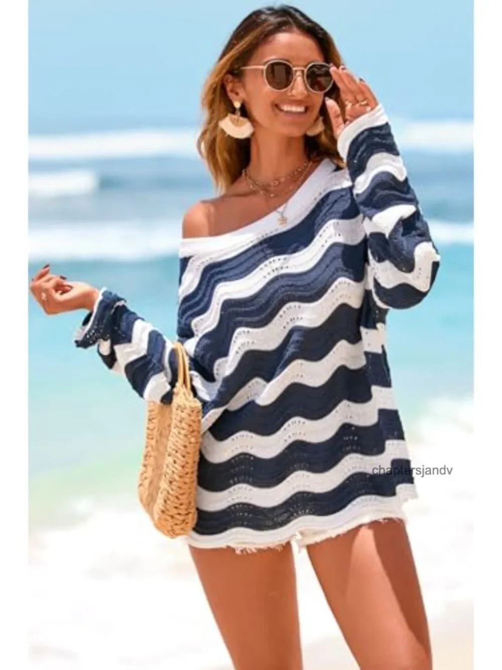 Linen Blend Crochet Bell Sleeve Striped Beach Cover-Up Top